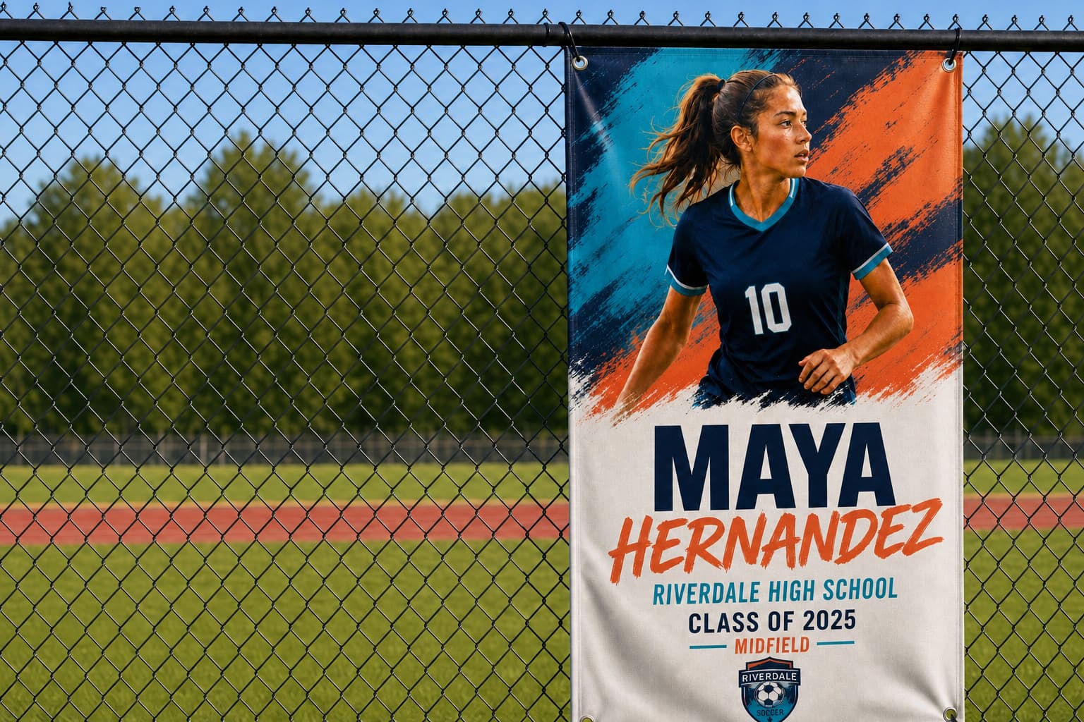 Player banner mounted on a fence