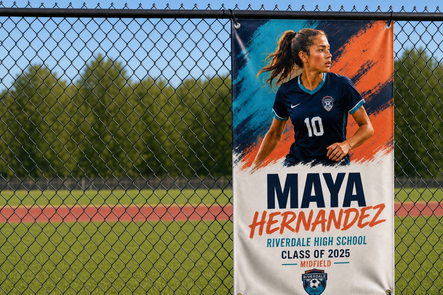 Player banner mounted on a fence